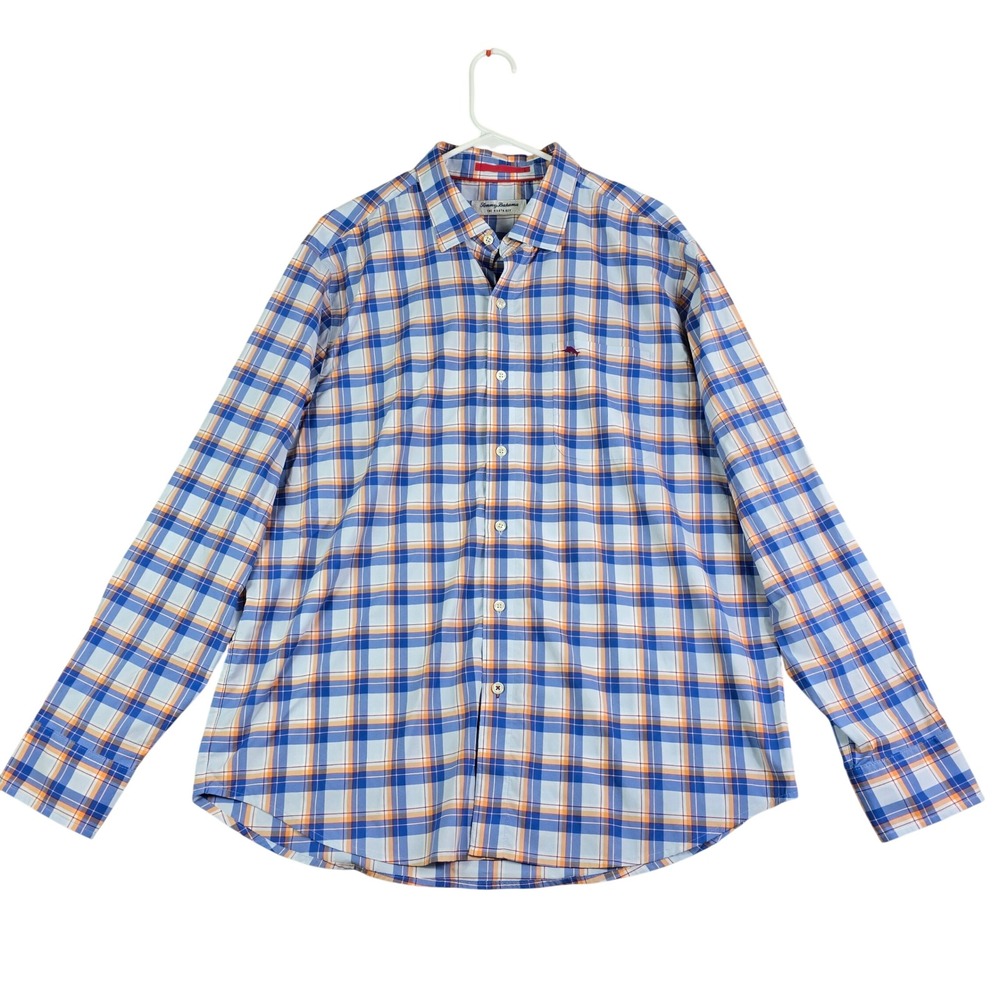 Tommy Bahama Siesta Key‎ Shirt Mens Large Blue Orange Plaid Performance Stretch